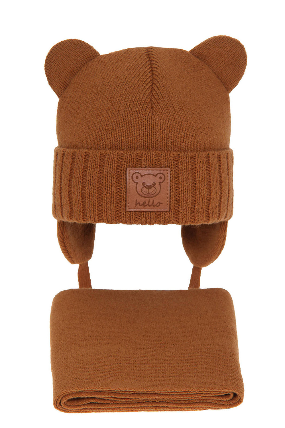 Ensemble d'hiver garçon: bonnet et écharpe, brun, avec liens, Petit