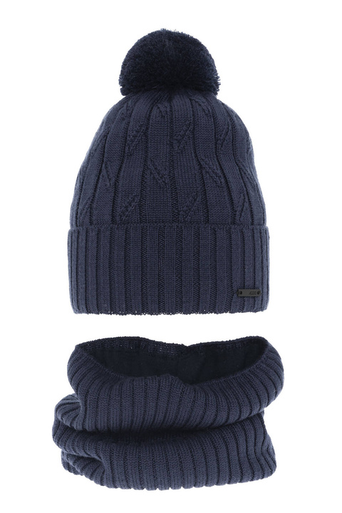 Ensemble d'hiver garçon: bonnet et snood, bleu, avec pompon, avec laine mérinos, Talar