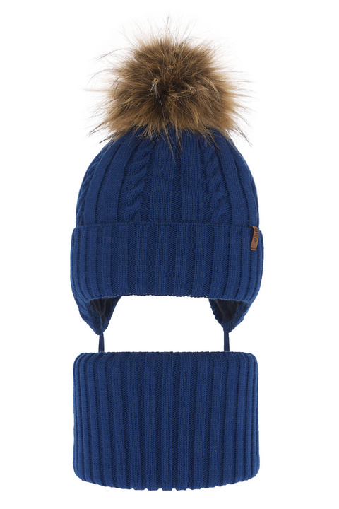 Ensemble d'hiver garçon: bonnet et tour de cou, bleu, avec liens, avec pompon, Peter