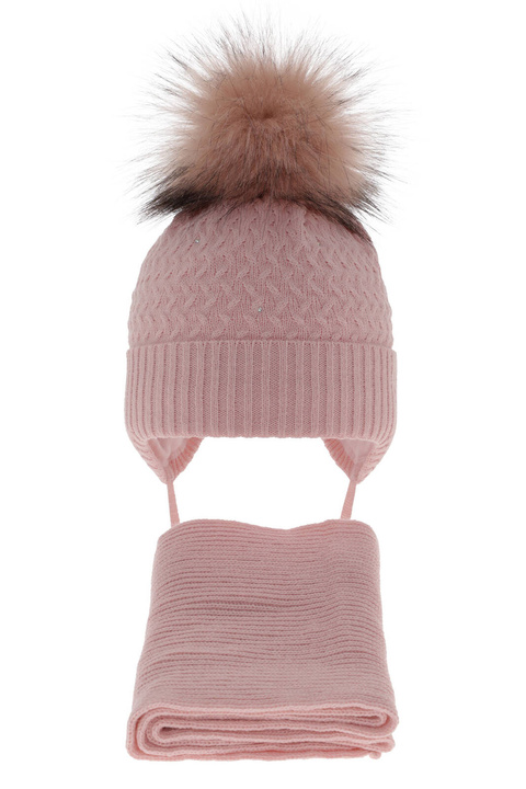 Ensemble d'hiver fille: bonnet et écharpe, rose, avec pompon, avec liens, Zelta