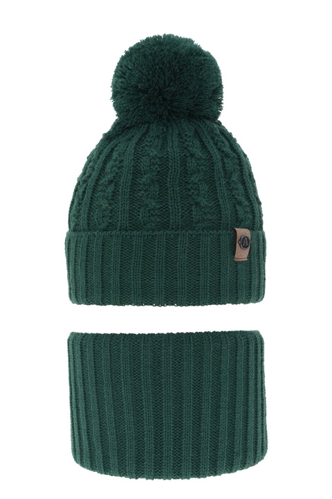 Ensemble d'hiver garçon: bonnet et snood, vert, avec pompon, Almond