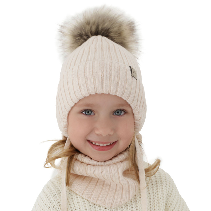 Ensemble d'hiver fille: bonnet et snood, jasnobeżowy, avec liens, avec pompon, 100% laine mérinos, Junika