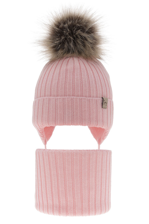 Ensemble d'hiver fille: bonnet et snood, rose, avec liens, avec pompon, 100% Laine Mérinos Extrafine, Junika