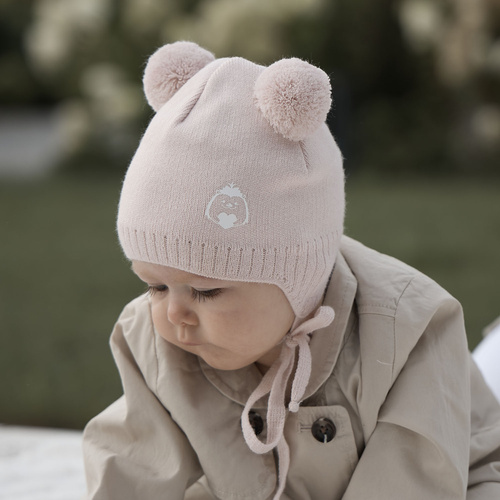 Bonnet automne/printemps fille, blanche, avec deux pompons, avec liens, Bunia