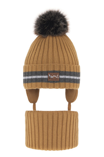 Ensemble d'hiver garçon: bonnet et snood, camel, avec pompon, avec liens, Echo