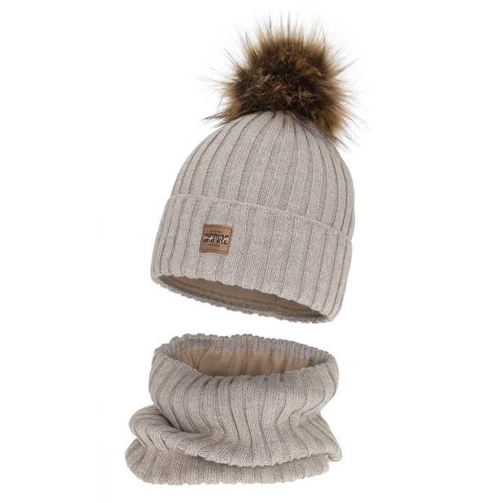 Ensemble d'hiver fille: bonnet et snood, beige, doublé de polaire, avec laine mérinos, Bellina