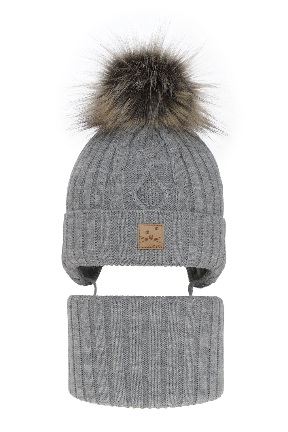 Ensemble d'hiver fille: bonnet et snood, gris, avec pompon, Aida