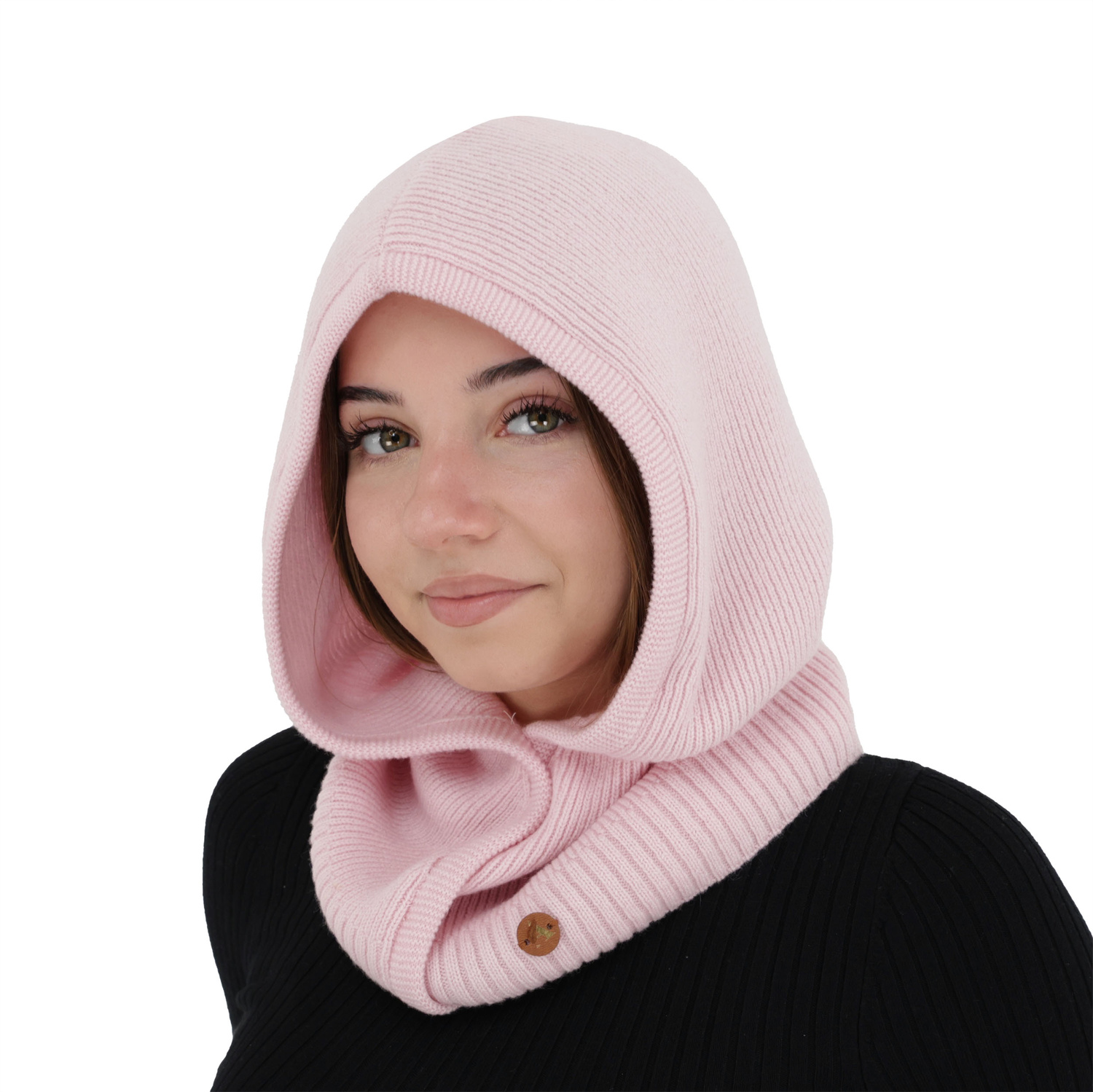 Cagoule automne, hiver, femme, rose clair, laine mérinos avec cachemire, Kiruna