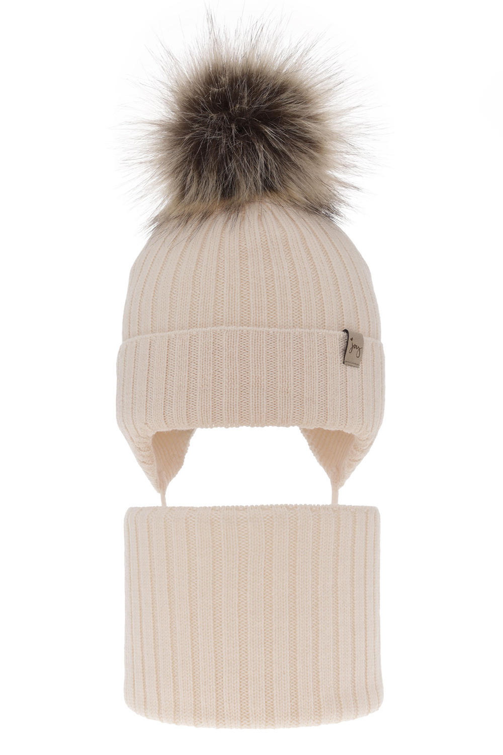 Ensemble d'hiver fille: bonnet et snood, jasnobeżowy, avec liens, avec pompon, 100% laine mérinos, Junika