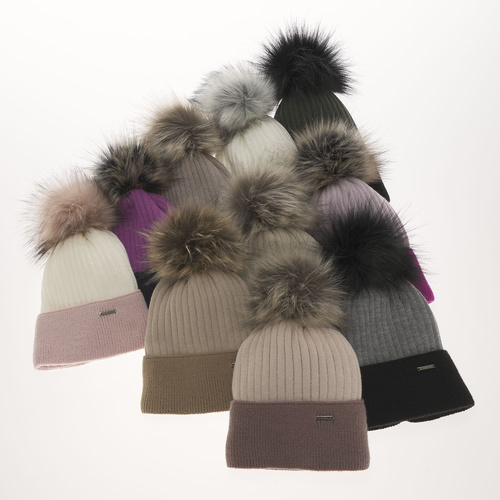 Bonnet d'hiver femme, beige, avec pompon, Funda