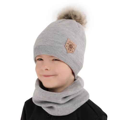 Ensemble d'hiver garçon: bonnet et snood, jaune moutarde, avec pompon, Apolin