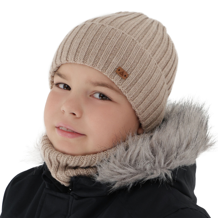 Ensemble d'hiver garçon: bonnet et snood, beige, 100% laine mérinos, Umberto