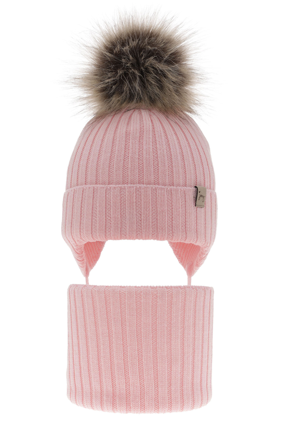 Ensemble d'hiver fille: bonnet et snood, rose, avec liens, avec pompon, 100% Laine Mérinos Extrafine, Junika
