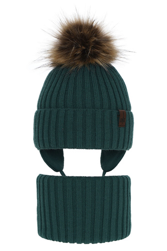 Ensemble d'hiver garçon: bonnet et snood, vert émeraude, avec pompon, Puzel