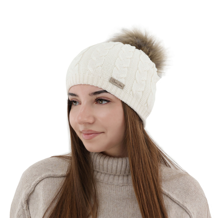 Bonnet d'hiver femme, creme, avec laine mérinos, Bafi