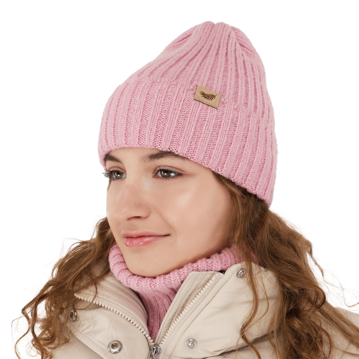 Ensemble d'hiver fille: bonnet et snood, beige, avec laine mérinos, Karmina