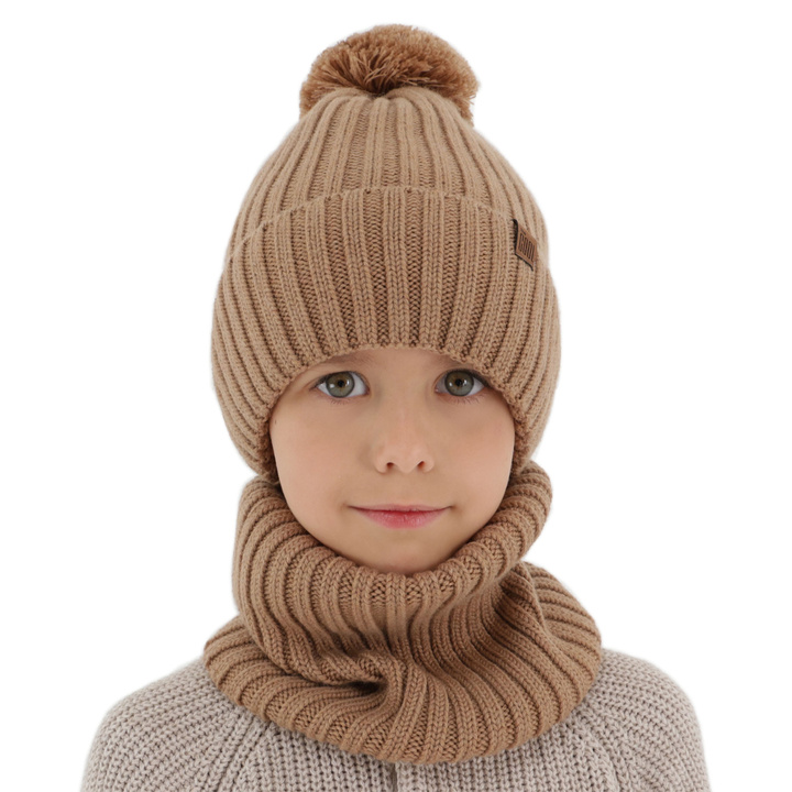 Ensemble d'hiver garçon: bonnet et snood, 100% laine mérinos, doublé de coton, camel, Tolmar