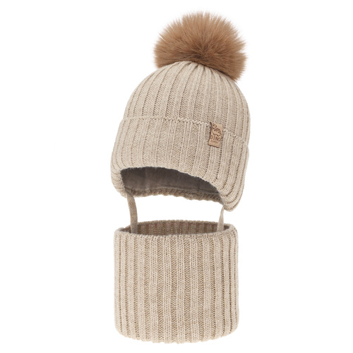 Ensemble d'hiver garçon: bonnet et snood, beige, avec pompon, Bagil