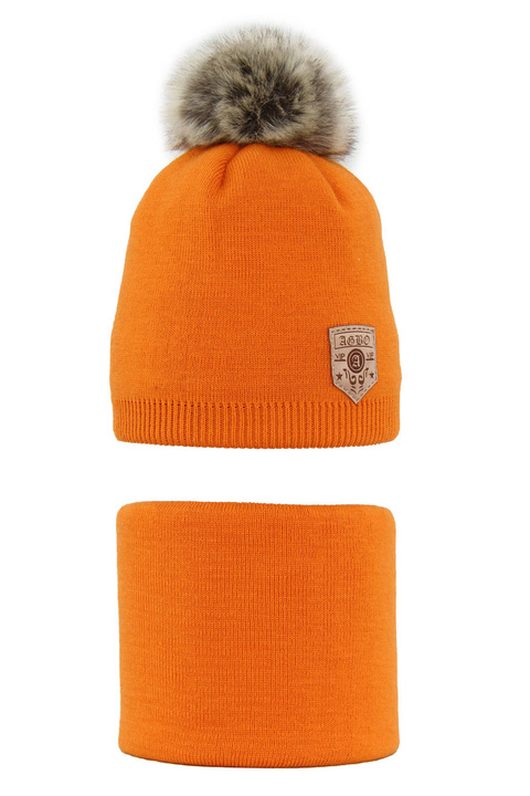 Ensemble d'hiver garçon: bonnet et snood, orange, Avec pompon, Apolin