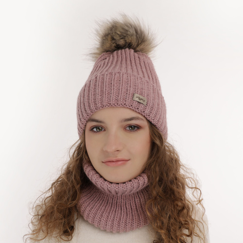 Ensemble d'hiver fille: bonnet et snood, crème, avec pompon, Willow