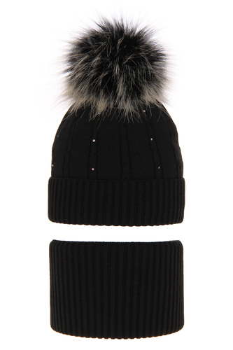 Ensemble d'hiver fille: bonnet et snood, noir, avec pompon, Lawa