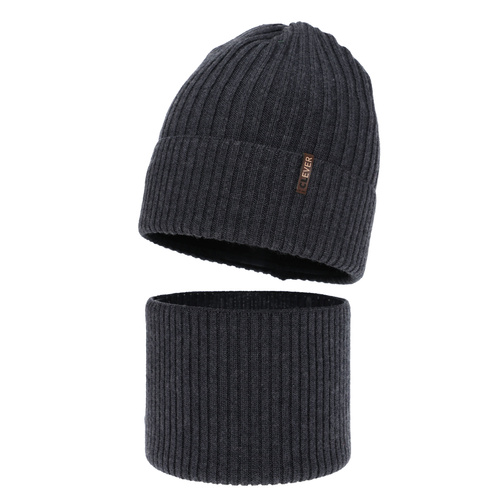 Ensemble d'hiver garçon: bonnet et snood, gris foncé, avec laine mérinos, Gizmo