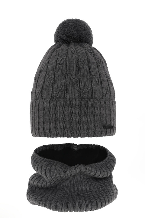 Ensemble d'hiver garçon: bonnet et snood, gris, avec pompon, avec laine mérinos, Talar