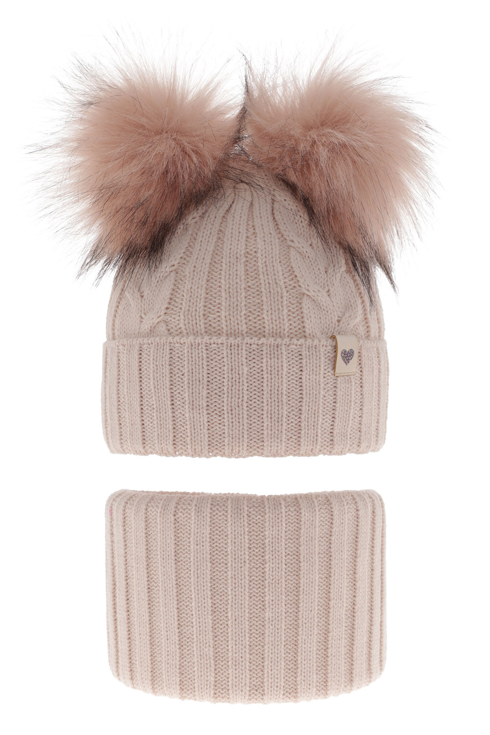 Ensemble d'hiver fille: bonnet et snood, rose, avec deux pompons, Amala