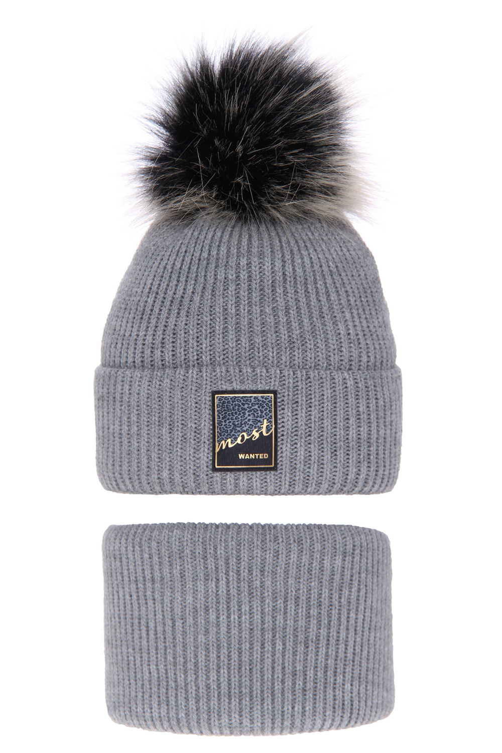 Ensemble d'hiver fille: bonnet et snood, gris, avec pompon, Sycylia