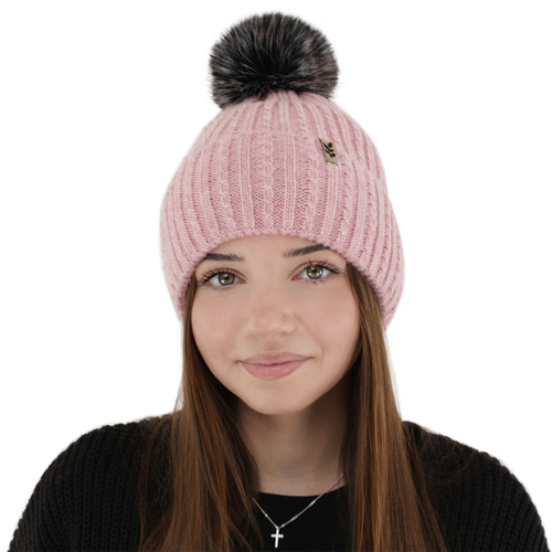 Bonnet d'hiver femme, rose, avec pompon, Calista