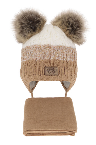 Ensemble d'hiver garçon: bonnet et écharpe, camel, avec deux pompons, avec liens, Platon