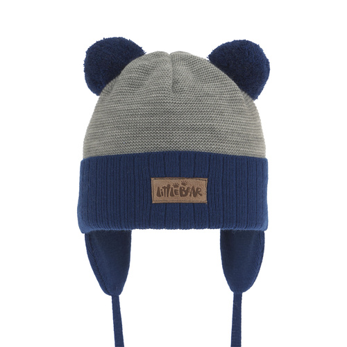 Bonnet automne/printemps garçon, bleu marine, avec deux pompons, avec liens, Gigant