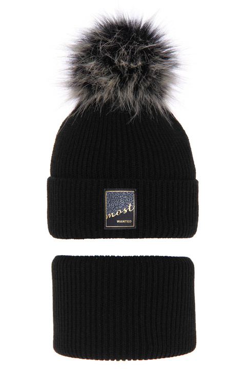 Ensemble d'hiver fille: bonnet et snood, noir, avec pompon, Sycylia