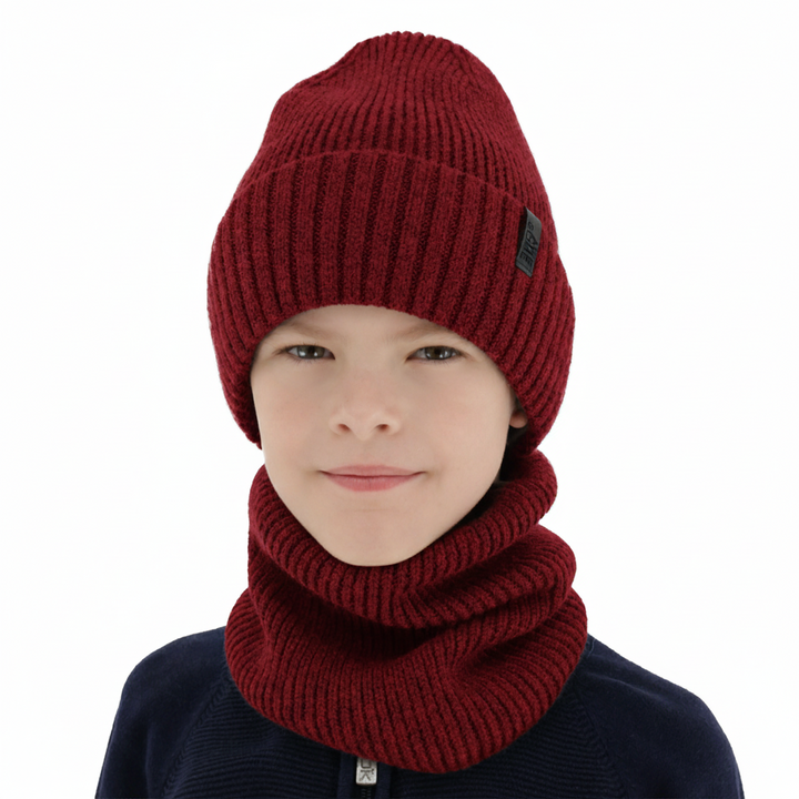 Ensemble d'hiver garçon (bonnet et snood), 100% Laine Mérinos, doublé de laine mérinos, bordeaux Harbin