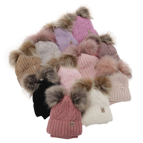 Ensemble d'hiver fille: bonnet et snood, rose, avec deux pompons, Amala