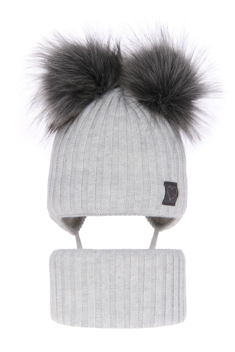 Ensemble d'hiver fille: bonnet et snood, gris clair, avec deux pompons, wiązany Telisa