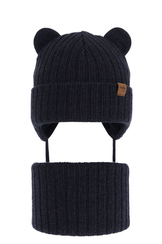 Ensemble d'hiver garçon: bonnet et snood, bleu jean, avec liens, Ferven