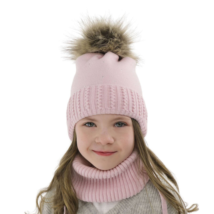 Ensemble d'hiver fille: bonnet et snood, lilas, avec pompon, Renia