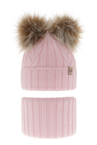 Ensemble d'hiver fille: bonnet et snood, rose, avec deux pompons, Amala