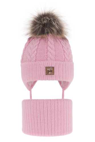 Ensemble d'hiver fille: bonnet et snood, rose, avec liens, avec pompon, Finess