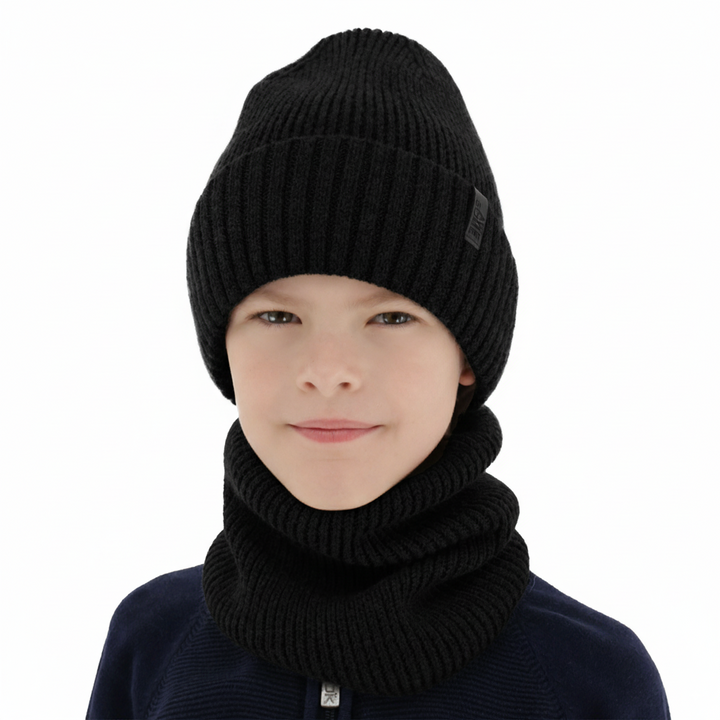 Bonnet et snood pour garçon, ensemble d'hiver, 100% Laine Mérinos, avec doublure en laine mérinos, noir Harbin