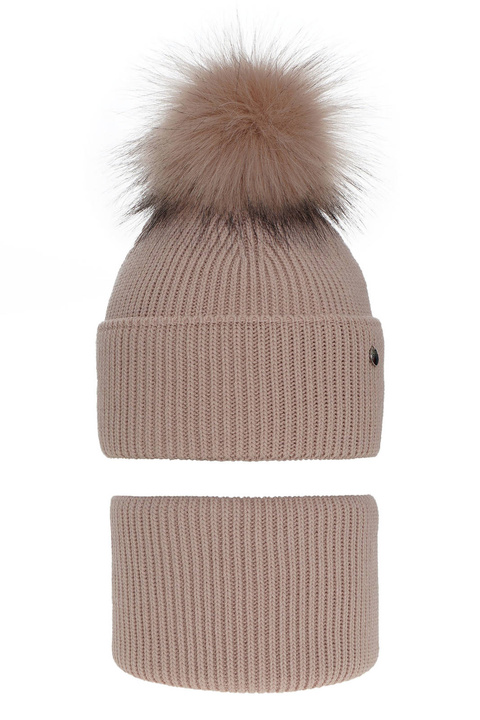 Ensemble d'hiver fille: bonnet et snood, rose, avec pompon, Reneta