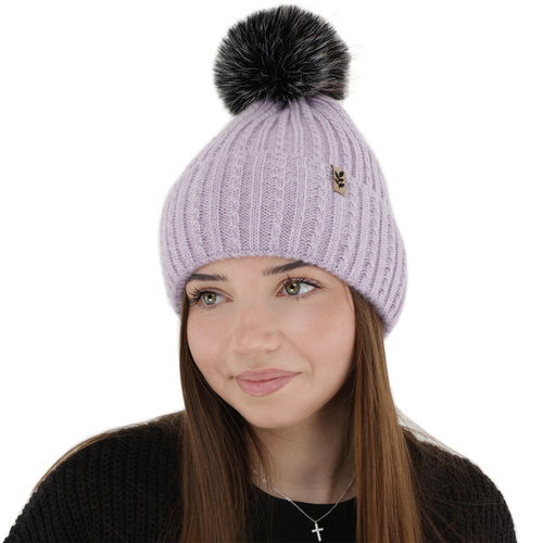 Bonnet d'hiver femme, violet, avec pompon, Calista