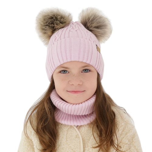 Ensemble d'hiver fille: bonnet et snood, violet, avec deux pompons, Sierra