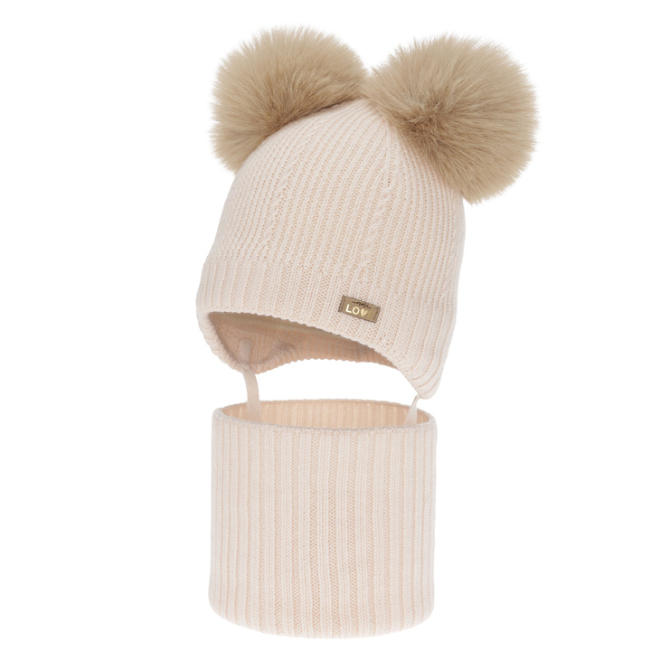 Ensemble bonnet et tour de cou fille, hiver, rose clair, 100% laine mérinos, doublé polaire laine, Lumia