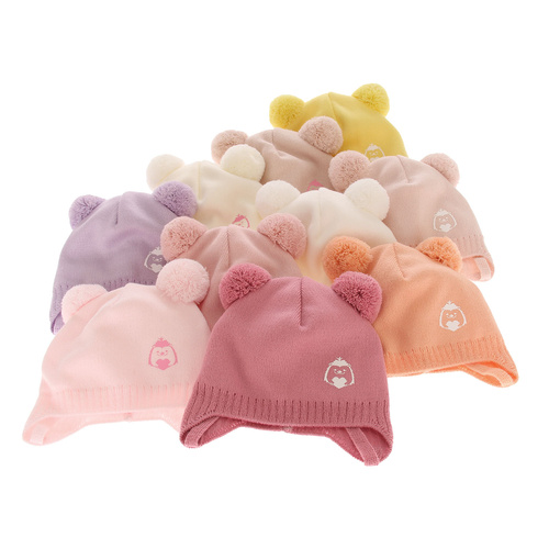 Bonnet automne/printemps fille, crème, avec deux pompons, avec liens, Bunia