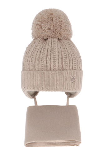 Ensemble d'hiver fille: bonnet et écharpe, beige, avec pompon, avec liens, Marisa