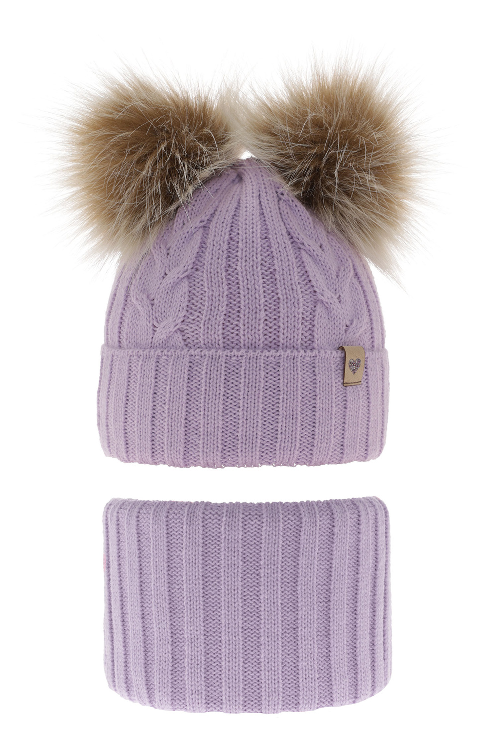 Ensemble d'hiver fille: bonnet et snood, violet, avec deux pompons, Amala