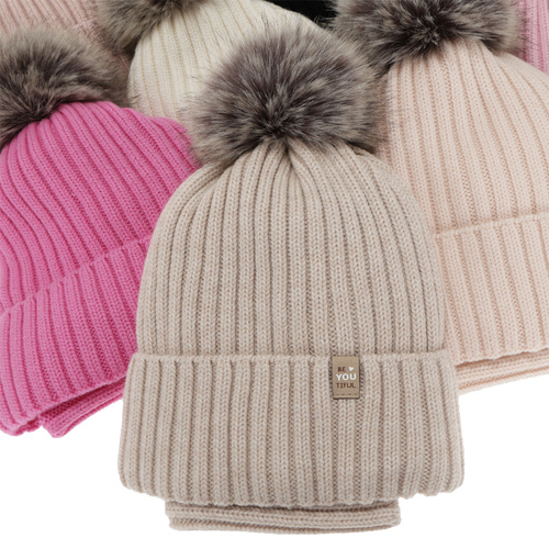Ensemble d'hiver fille: bonnet et snood, crème, 100% laine mérinos, doublé de coton, avec pompon, Terida