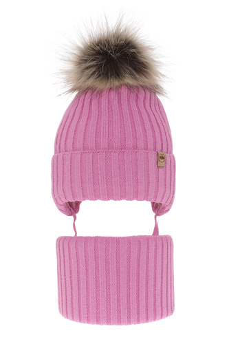Ensemble d'hiver fille: bonnet et snood, rose, avec pompon, avec liens, Louisa